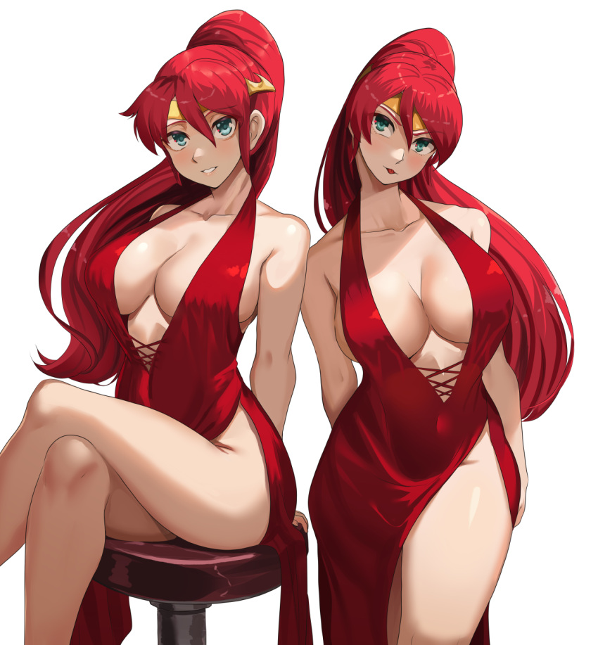 1girl bare_arms bare_shoulders breasts collarbone commission covered_navel crossed_legs dress green_eyes high_ponytail highres large_breasts long_hair looking_at_viewer multiple_views nico-mo parted_lips plunging_neckline pyrrha_nikos red_dress red_hair rwby side_slit simple_background stool thighs tiara very_long_hair white_background