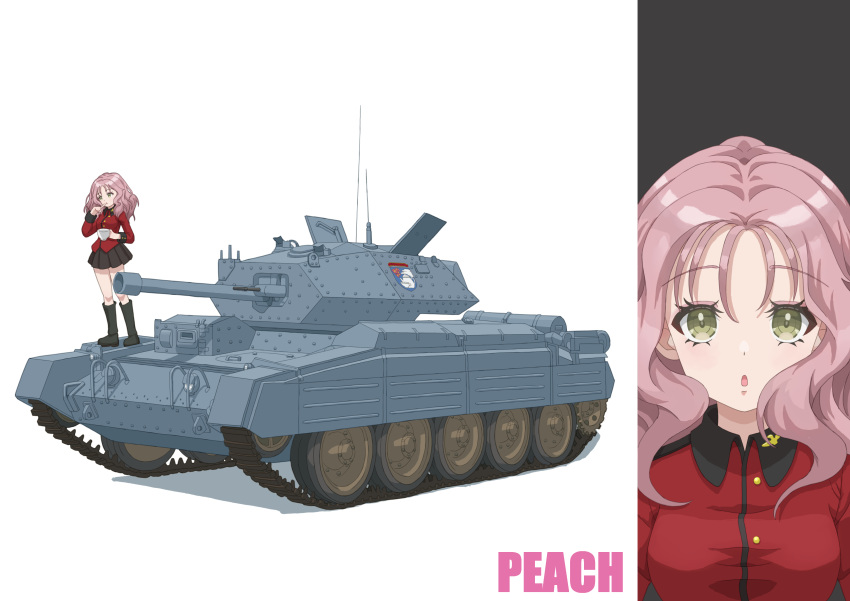 1girl :o absurdres black_footwear black_skirt boots character_name commentary crusader_(tank) cup emblem finger_to_mouth girls_und_panzer highres holding holding_cup jacket knee_boots long_hair long_sleeves looking_at_viewer military_uniform military_vehicle miniskirt motor_vehicle peach_(girls_und_panzer) pink_hair pleated_skirt qgkmn541 red_jacket skirt st._gloriana's_(emblem) st._gloriana's_military_uniform standing tank teacup uniform wavy_hair white_background