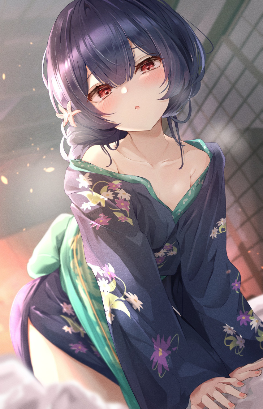 1girl :o absurdres all_fours bare_shoulders black_hair black_kimono blush collarbone fingernails floral_print highres idolmaster idolmaster_shiny_colors indoors japanese_clothes kimono looking_at_viewer morino_rinze nail_polish red_eyes sky_cappuccino sliding_doors solo
