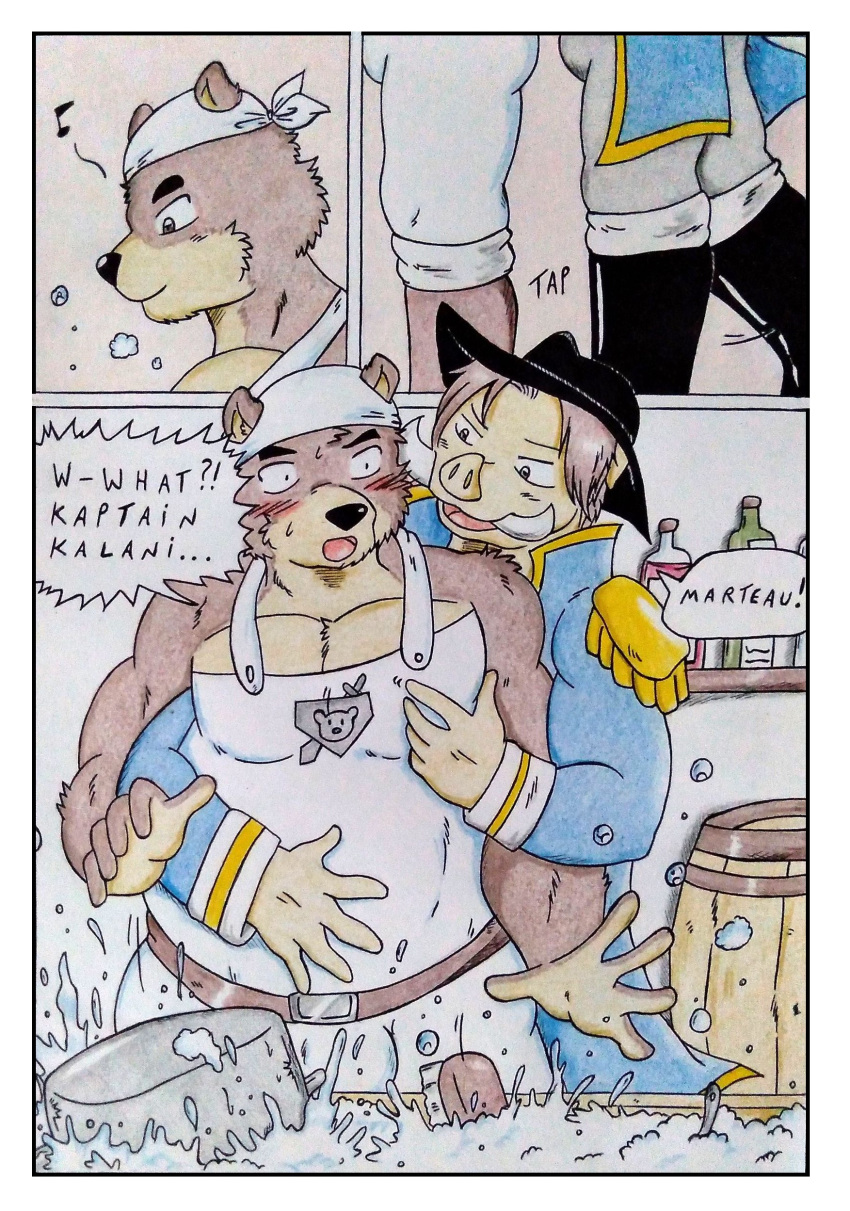 5_fingers absurd_res anthro approaching_from_behind bandanna barazoku barrel bear belly big_belly big_pecs black_nose blue_clothing blush blush_lines bodily_fluids boots border brown_body brown_eyes brown_fur brown_hair bulge clothed clothing comic comic_panel dashthefox dialogue english_text fingers footwear fur hair hat headgear headwear hi_res huge_pecs kerchief kitchen kitchen_utensils looking_surprised male mammal manly marteau muscular muscular_anthro muscular_male onomatopoeia open_mouth overweight overweight_anthro overweight_male pec_grab pec_grope pecs seductive smile soap_bubbles sound_effects speech_bubble suid suina surprise surprised_face sus_(pig) sweat sweatdrop tan_body tan_fur text tools topwear touching_belly traditional_media_(artwork) washing_dishes white_border white_clothing wild_boar