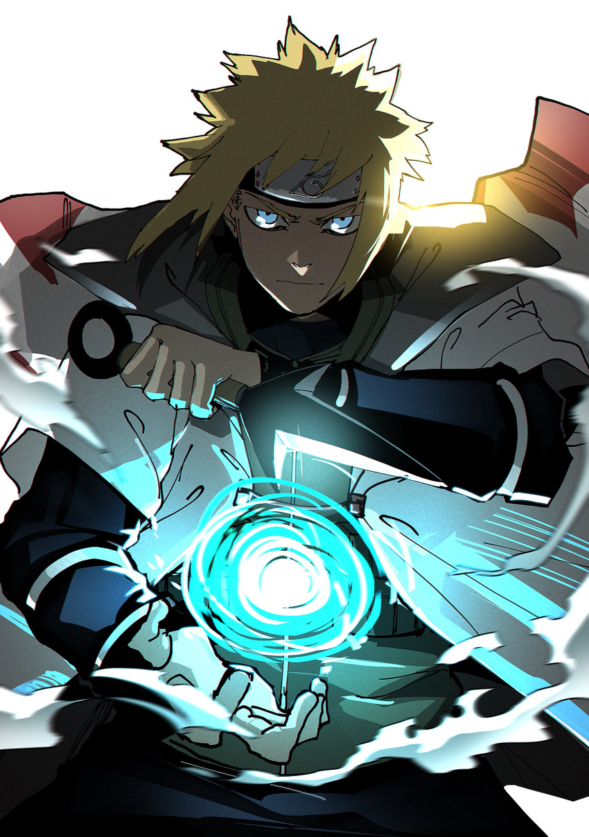 1boy absurdres black_pants blonde_hair blue_eyes closed_mouth coat cowboy_shot flak_jacket floating_clothes forehead_protector hand_up high_collar highres hokage holding_kunai isaacchief300 jacket konohagakure_symbol kunai layered_sleeves long_sleeves male_focus namikaze_minato naruto naruto_(series) open_hand overexposure pants rasengan reverse_grip short_hair sidelocks smoke solo spiked_hair straight_hair v-shaped_eyebrows weapon white_coat