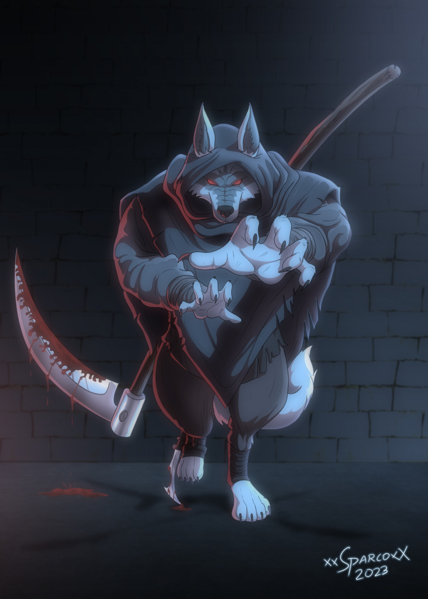 2023 anthro artist_name blood blood_stain bodily_fluids bottomwear canid canine canis clothed clothing death_(puss_in_boots) dreamworks hi_res male mammal melee_weapon polearm puss_in_boots_(dreamworks) red_eyes scythe solo topwear weapon wolf xxsparcoxx