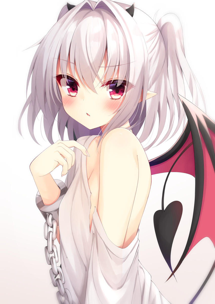 1girl black_horns blush breasts chain chained chained_wrists demon_girl demon_horns demon_tail demon_wings gradient_background hair_intakes hand_up highres hiragana_iroiro horns light_frown looking_at_viewer loose_clothes loose_shirt medium_hair one_side_up original parted_lips red_eyes shirt sideboob single_bare_shoulder solo tail upper_body white_background white_hair white_shirt wings