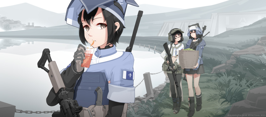 3girls absurdres basket black_footwear black_hair black_leggings blue_headwear blue_jacket blue_tunic brown_eyes chain-link_fence eating fence fried_squid grass green_shorts gun hat headset highres holding holding_basket holding_gun holding_weapon jacket lake leggings lidi_ahye-yesemo looking_at_another looking_at_viewer military multiple_girls nusisring_tactical patch plate_carrier pleated_skirt pouch pump_action rectangular_eyewear reflection reflective_water rifle semi-rimless_eyewear shirt shorts shotgun shoulder_patch skirt snack stomach tactical_clothes talking uma_atsku'ama vectorek walking water weapon weisheng_lyu white_shirt