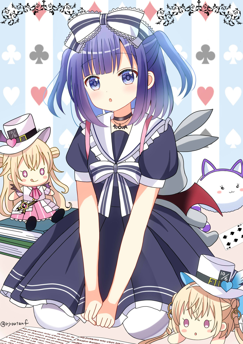 :o absurdres blue_dress blue_eyes blue_hair bow commentary_request dress fuiba_fuyu full_body gochuumon_wa_usagi_desu_ka? hair_bow highres kneeling ryoutan two_side_up