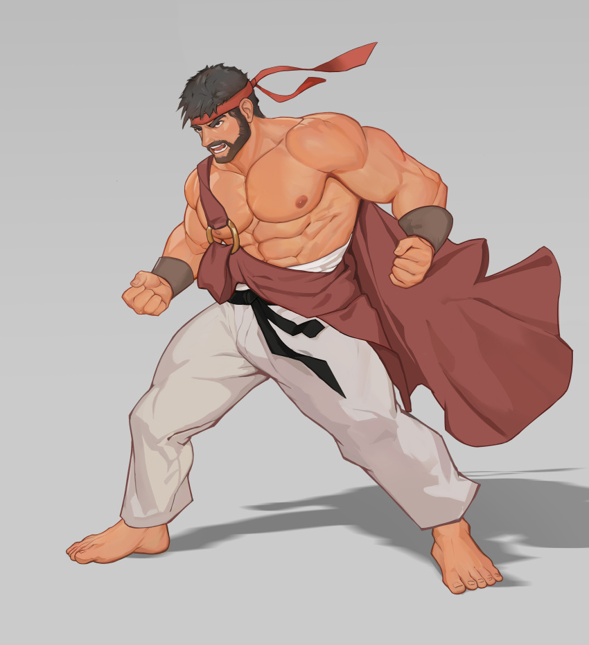 1boy abs absurdres bara bare_pectorals barefoot beard bulge clenched_hands dougi elevinxi facial_hair from_side full_beard full_body highres large_pectorals legs_apart looking_ahead male_focus mature_male muscular muscular_male nipples pectorals ryu_(street_fighter) sash serious short_hair shoulder_sash solo standing street_fighter street_fighter_6 thick_beard thick_eyebrows thick_thighs thighs