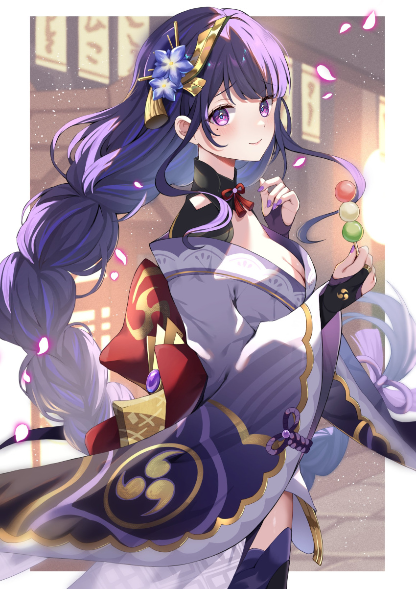 1girl absurdres braid bridal_gauntlets commentary_request cowboy_shot dango food from_side genshin_impact highres holding holding_food japanese_clothes kimono long_braid long_hair looking_at_viewer looking_to_the_side mitsudomoe_(shape) mole mole_under_eye obi purple_eyes purple_hair purple_kimono purple_thighhighs raiden_shogun sanshoku_dango sash shrug_(clothing) smile solo thighhighs tomoe_(symbol) very_long_hair wagashi wanatsu_15 wide_sleeves