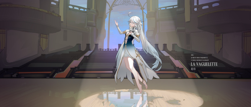 1girl absurdres bare_legs barefoot blue_eyes breasts closed_mouth commentary_request cowlick dress focalors_(genshin_impact) from_side full_body genshin_impact gradient_dress half-closed_eyes hand_on_own_chest hand_up highres juliet_sleeves light_smile long_sleeves puffy_sleeves ryb small_breasts solo spoilers white_hair