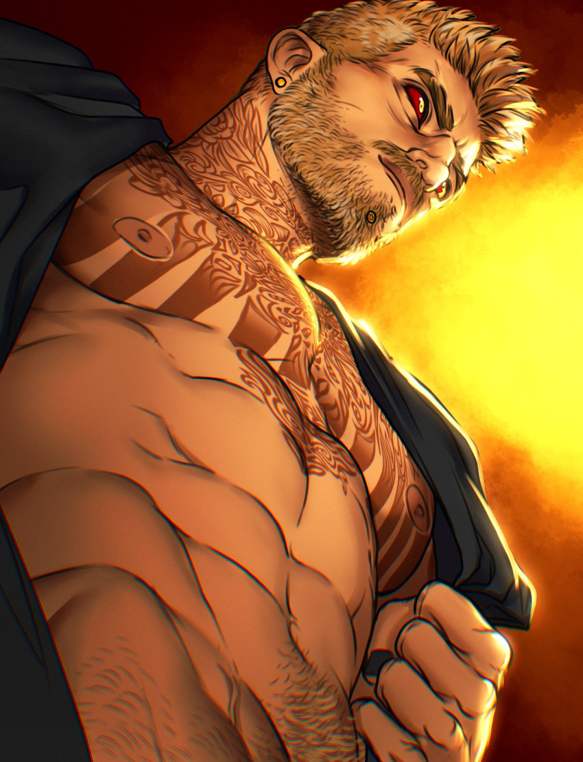 1boy abs bara bare_pectorals beard black_nails chest_tattoo colored_sclera facial_hair from_below full_beard highres large_pectorals looking_ahead male_focus mature_male movd_art muscular muscular_male navel nipples original pectorals perspective red_sclera serious short_hair solo sparse_navel_hair stomach streaked_beard tattoo thick_beard thick_eyebrows tsurime upper_body veiny_crotch