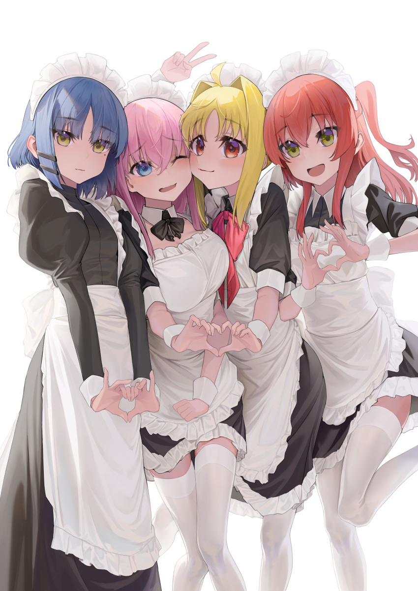 4girls absurdres ahoge alternate_costume apron arm_up black_dress blonde_hair blue_eyes blue_hair blush_stickers bocchi_the_rock! bow bowtie breasts closed_mouth commentary cowboy_shot dress enmaided flat_chest gotoh_hitori green_eyes hair_between_eyes hair_intakes hands_up heart heart_hands heart_hands_duo highres ijichi_nijika jliaan juliet_sleeves kita_ikuyo large_breasts long_dress long_hair long_sleeves looking_at_viewer maid maid_apron maid_headdress medium_dress mole mole_under_eye multiple_girls one_eye_closed one_side_up open_mouth pantyhose pink_hair puffy_sleeves red_bow red_bowtie red_eyes red_hair revision shaded_face short_dress short_hair short_sleeves simple_background sleeves_past_elbows small_breasts smile standing standing_on_one_leg thighhighs thighs v white_apron white_background white_pantyhose white_thighhighs yamada_ryo yellow_eyes