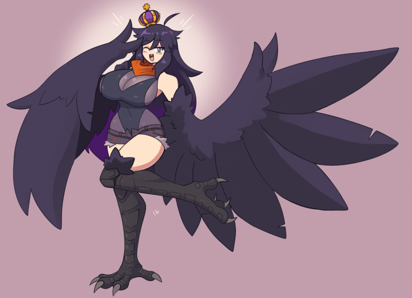 1girl absurdres ahoge bare_shoulders bird_legs black_feathers black_hair black_leotard black_shorts black_wings blue_eyes blush breasts cleavage commentary crown cutoffs doce english_commentary feathers gradient_hair hair_between_eyes harpy highres large_breasts leotard long_hair mini_crown monster_girl multicolored_hair one_eye_closed open_fly open_mouth orange_scarf original pink_background purple_hair scarf shorts solo standing standing_on_one_leg talons teeth upper_teeth_only v wings