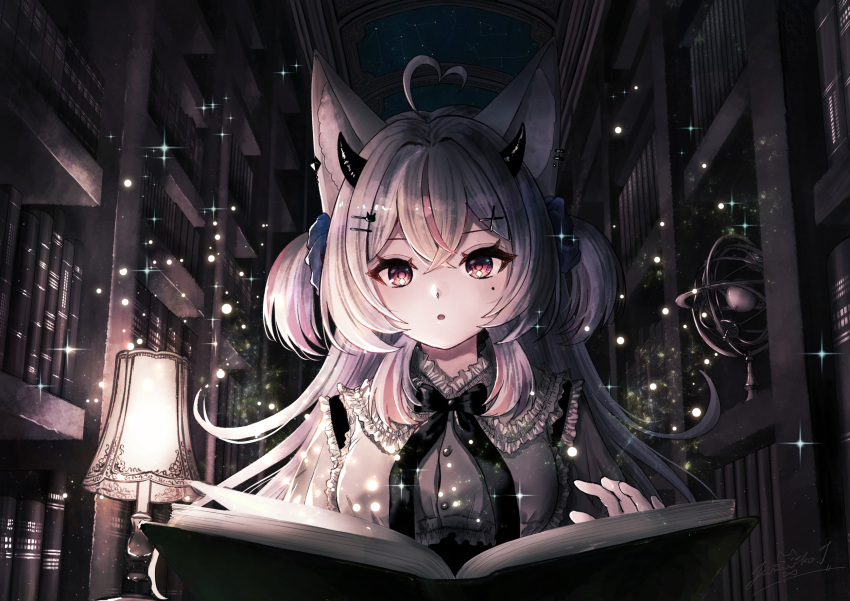 1girl :o ahoge animal_ears armillary_sphere book bookshelf cat_ears cat_girl commission dark_room desk_lamp frills hair_ornament hairclip heart heart_ahoge highres horns indie_virtual_youtuber lamp library light_particles long_hair multicolored_hair muted_color parted_lips pixiv_commission reading red_hair solo streaked_hair tanaka_fumiko two_side_up virtual_youtuber white_hair