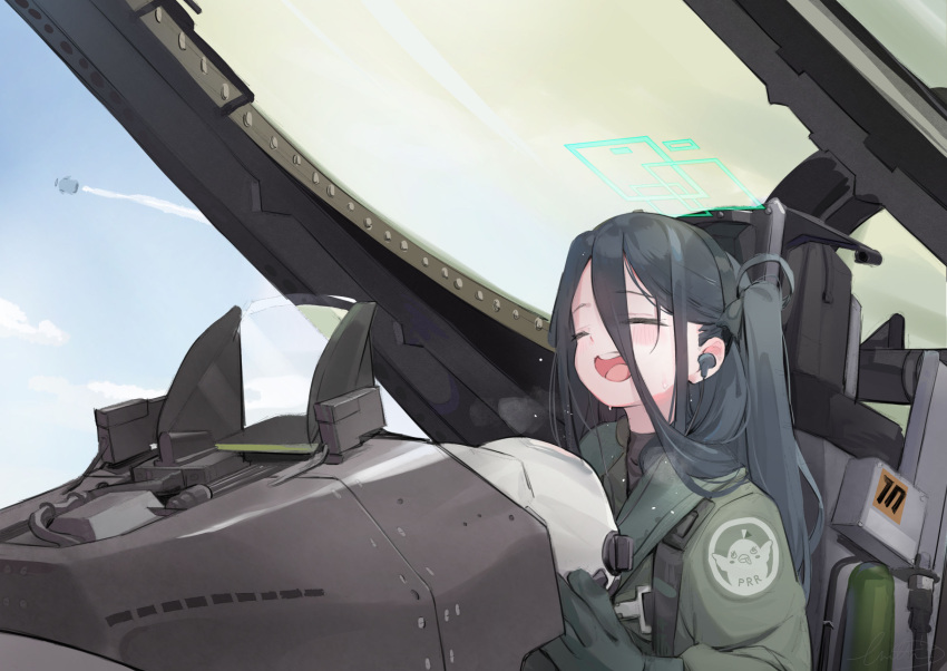 1girl aircraft airplane aris_(blue_archive) black_eyes black_hair blue_archive chinese_commentary closed_eyes cloud coat cockpit contrail earphones emblem english_commentary fighter_plane gloves green_coat green_gloves hair_between_eyes halo helmet highres holding holding_helmet long_hair long_sleeves mixed-language_commentary open_mouth pilot_helmet pilot_suit side_ponytail sitting sky solo sweat sweatdrop teeth upper_body upper_teeth_only wittmann_(ehvr8373)