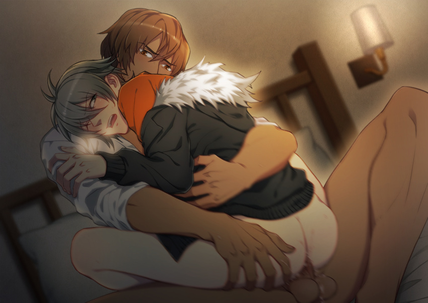 2boys akira_(togainu_no_chi) anal asahi_(baiyameng) ass ass_grab beard_stubble blurry blush bottomless brown_eyes brown_hair commentary_request cum cum_in_ass dark-skinned_male dark_skin erection facial_hair grey_eyes grey_hair hair_between_eyes indoors looking_at_another male_focus mature_male motion_blur motomi_(togainu_no_chi) multiple_boys on_bed one_eye_closed open_clothes open_mouth orange_shirt penis sex shirt short_hair steam_from_mouth stubble testicles togainu_no_chi white_shirt yaoi