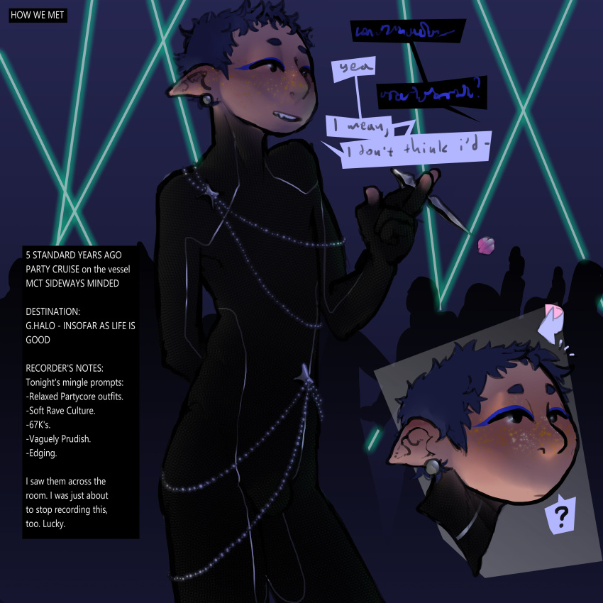 1:1 absurd_res ambiguous_gender beads bodysuit clothed clothing ear_piercing english_text fangs freckles fully_clothed hair hi_res humanoid humanoid_pointy_ears ishmael's_boyfriend jewelry not_furry party piercing short_hair skinsuit teeth text thecore34 tight_clothing