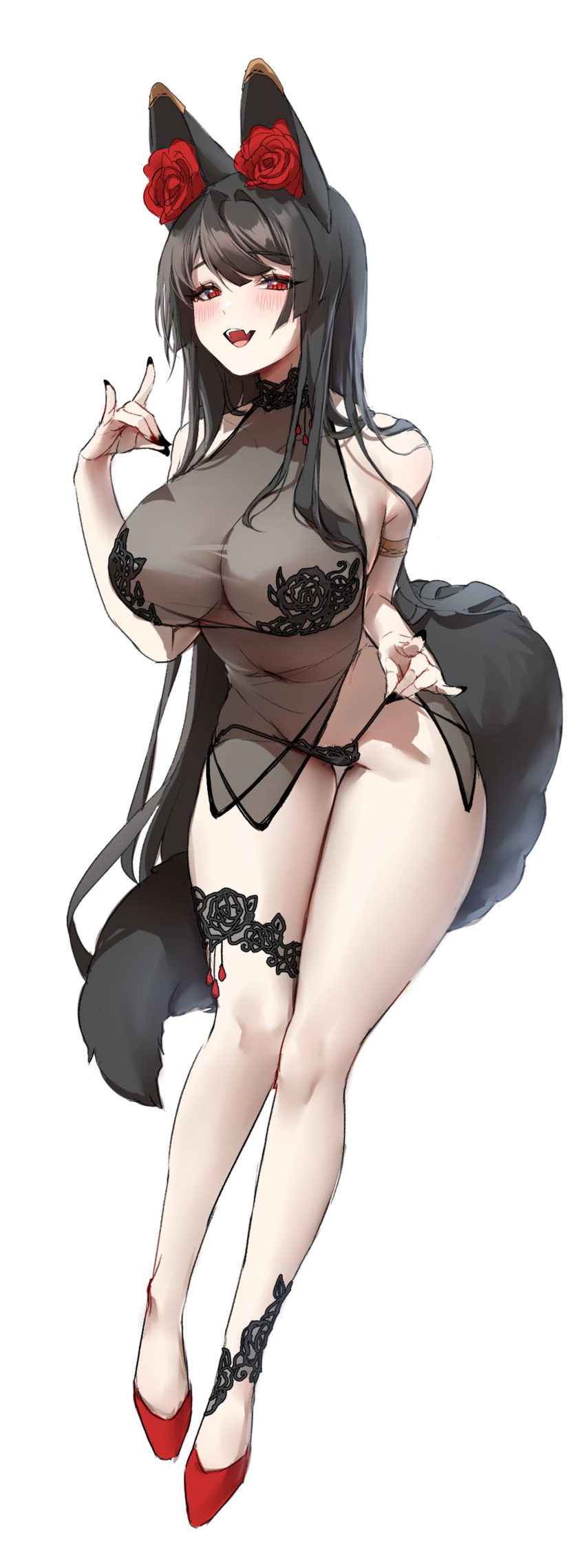 1girl :d absurdres animal_ears bara_(tacco) black_hair black_nails blush breasts bridal_garter cleavage commentary dated fangs fingernails flower fox_ears fox_girl fox_shadow_puppet fox_tail full_body hand_up high_heels highres knees lace lace_panties large_breasts legs long_hair nail_polish open_mouth original panties panty_lift red_eyes red_flower red_footwear red_rose revision rose see-through signature simple_background smile solo straight_hair string_panties tacco_(tikeworld) tail thick_thighs thighs underwear white_background
