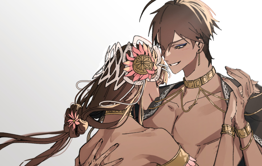 1boy 1girl absurdres armlet bare_back bracelet dabin dark-skinned_female dark-skinned_male dark_skin fate/grand_order fate_(series) flower gold_choker grin hair_between_eyes hair_flower hair_ornament hand_on_another's_back hetero highres holding_hands jewelry long_hair nefertari_(fate) ozymandias_(fate) pink_flower short_hair smile