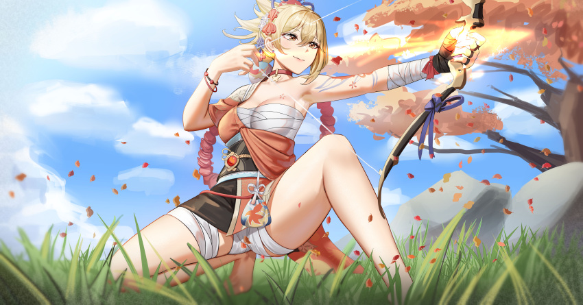 1girl absurdres anoreika_tomoe arm_tattoo armpits bandaged_leg bandages barefoot black_sash blonde_hair blue_sky bow_(weapon) breasts chest_sarashi chest_tattoo choker cleavage cloud commentary day genshin_impact grass highres holding holding_bow_(weapon) holding_weapon japanese_clothes kimono medium_breasts obi orange_kimono red_choker sarashi sash short_hair short_kimono single_bare_shoulder sky solo tattoo thighs tree weapon wrist_wrap yoimiya_(genshin_impact)