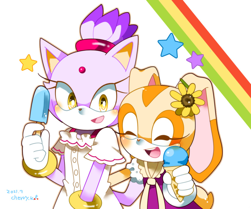 2girls animal_ears blaze_the_cat cat_ears cat_girl cat_tail closed_eyes cream_the_rabbit food forehead_jewel furry furry_female gloves holding holding_food holding_ice_cream ice_cream kusunoki_cherry multiple_girls open_mouth ponytail popsicle purple_fur rabbit_ears rabbit_girl rabbit_tail sonic_(series) star_(symbol) tail white_gloves