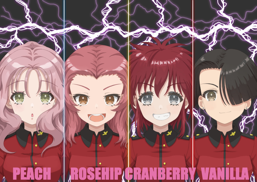 4girls :o absurdres black_hair brown_eyes character_name closed_mouth commentary cranberry_(girls_und_panzer) earrings girls_und_panzer green_eyes grey_eyes grin hair_over_one_eye highres jacket jewelry lightning long_hair long_sleeves looking_at_viewer makeup mascara medium_hair messy_hair military_uniform multiple_girls open_mouth peach_(girls_und_panzer) pink_hair qgkmn541 red_hair red_jacket rosehip_(girls_und_panzer) short_hair smile st._gloriana's_military_uniform stud_earrings uniform vanilla_(girls_und_panzer) wavy_hair yellow_eyes