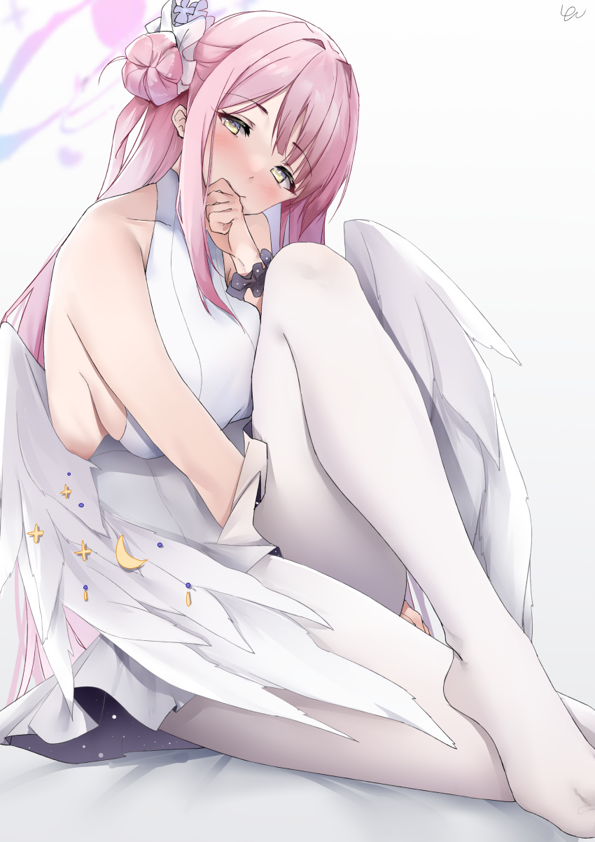 1girl absurdres angel_wings black_scrunchie blue_archive blush breasts closed_mouth commentary dress feathered_wings flower hair_bun hair_flower hair_ornament highres large_breasts long_hair looking_at_viewer mika_(blue_archive) pantyhose pink_hair purple_flower scrunchie sideboob single_side_bun sleeveless sleeveless_dress solo white_pantyhose white_wings wings wrist_scrunchie yanwulazy yellow_eyes