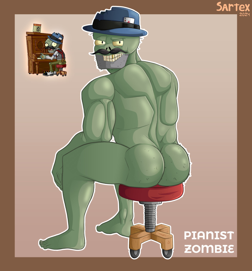 absurd_res anthro beard butt chair clothing electronic_arts facial_hair furniture green_body hat headgear headwear hi_res humanoid male muscular muscular_male mustache nude plants_vs._zombies popcap_games sartex simple_background sitting smile smiling_at_viewer solo teeth text undead zombie