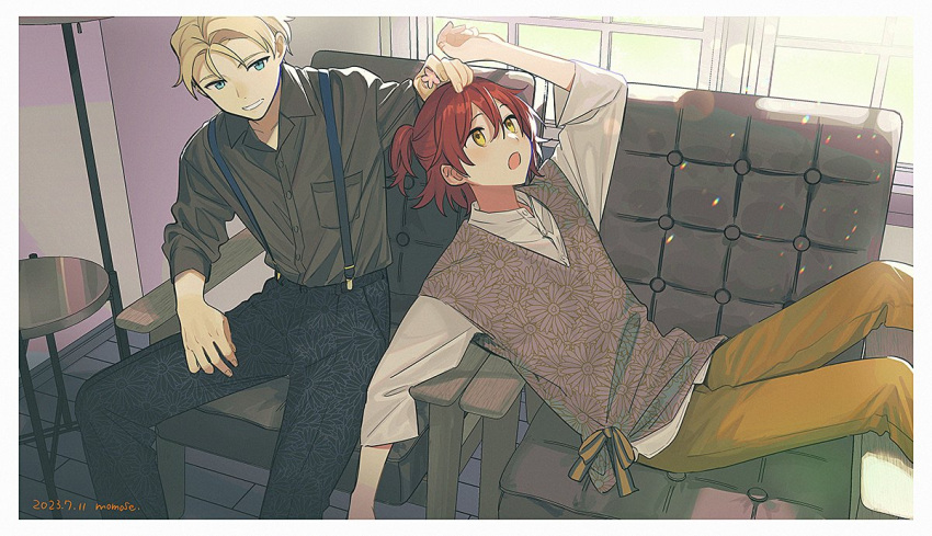 2boys alternate_costume armchair artist_name black_pants blonde_hair blue_eyes border breast_pocket brown_sweater_vest chair collared_shirt dated double-parted_bangs dress_shirt feet_out_of_frame floral_print flower grey_shirt hair_between_eyes half_updo hanasaki_miyabi hand_on_another's_head hand_up holding holding_flower holostars indoors kishido_temma long_sleeves looking_at_another looking_up male_focus momose_(oqo) multiple_boys open_collar open_mouth pants parted_bangs parted_lips pocket print_pants reclining red_hair ribbon shirt shirt_tucked_in short_hair sitting sleeves_rolled_up suspenders sweater_vest table untucked_shirt virtual_youtuber white_border white_shirt window wooden_floor yellow_eyes yellow_pants yellow_ribbon