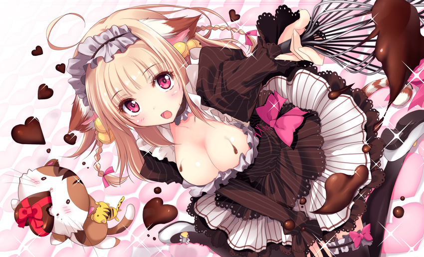 animal_ears cleavage cream maid neko nekomimi no_bra open_shirt tail thighhighs valentine yoshiwo