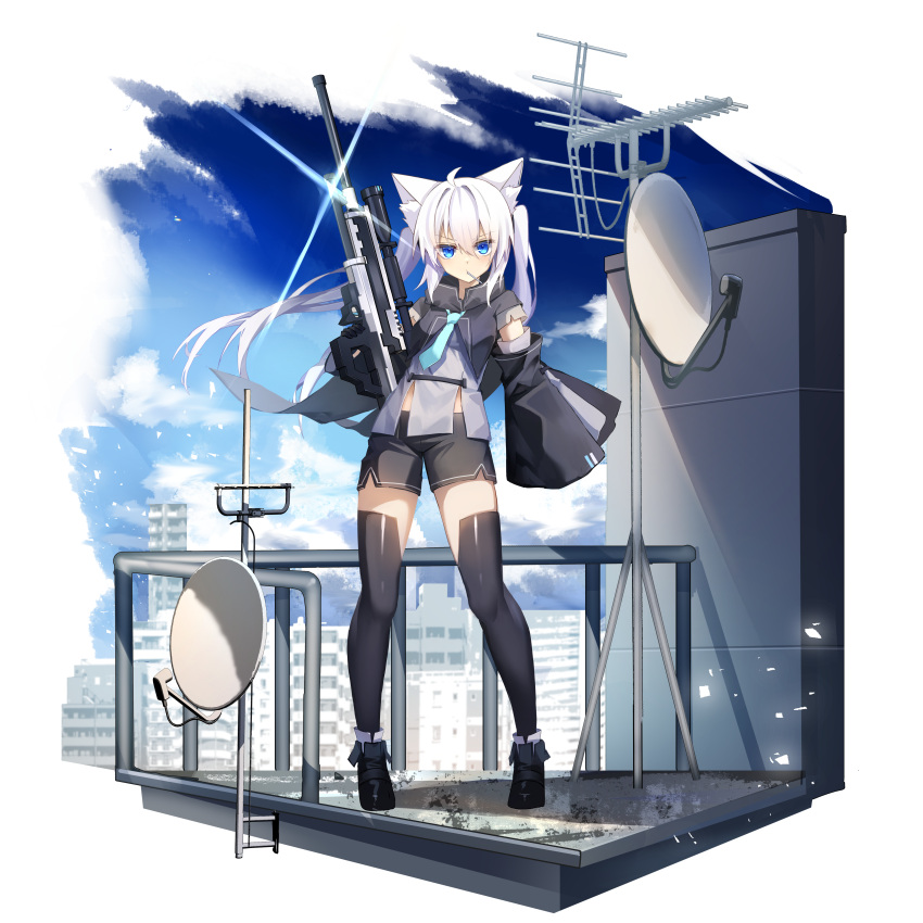 1girl absurdres animal_ear_fluff animal_ears black_footwear black_gloves black_shirt black_shorts black_sleeves black_thighhighs blue_eyes blue_necktie blue_sky boots border building cat_ears cloud day detached_sleeves frown full_body gloves gun highres holding holding_gun holding_weapon light_particles long_hair long_sleeves looking_at_viewer mouth_hold necktie nyokisan original outdoors outside_border railing rifle satellite_dish scope shirt shorts single_glove sky skyscraper sleeves_past_wrists sniper_rifle solo sparkle standing thighhighs twintails weapon white_border wide_sleeves wind