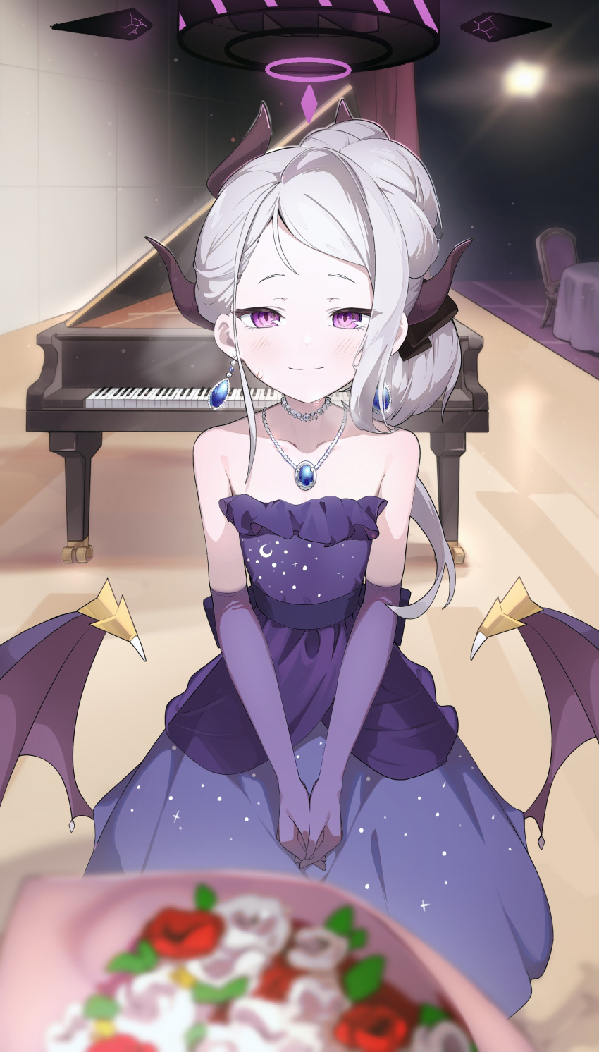 1girl absurdres bare_shoulders blue_archive blush bouquet closed_mouth commentary dangle_earrings demon_horns demon_wings dress earrings elbow_gloves gloves grand_piano grey_hair halo highres hina_(blue_archive) hina_(dress)_(blue_archive) horns indoors instrument jewelry long_hair looking_at_viewer multiple_horns n_sol necklace official_alternate_costume own_hands_together piano purple_dress purple_eyes purple_gloves solo strapless strapless_dress sweat wings
