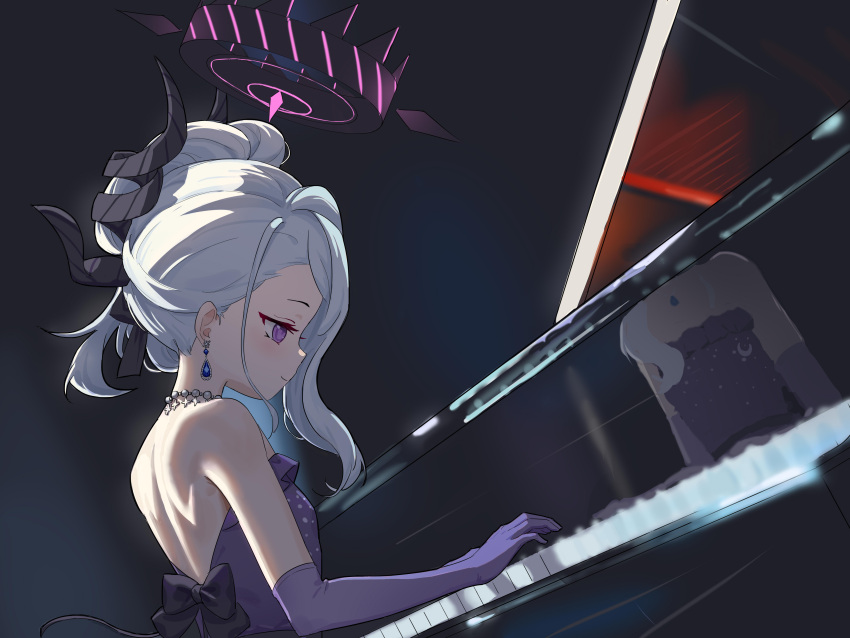 1girl absurdres black_horns blue_archive blush closed_mouth demon_horns dress elbow_gloves gloves grand_piano grey_hair halo highres hina_(blue_archive) hina_(dress)_(blue_archive) horns instrument jewelry kulomi long_hair multiple_horns necklace official_alternate_costume official_alternate_hairstyle piano piano_keys profile purple_dress purple_eyes purple_gloves smile solo strapless strapless_dress