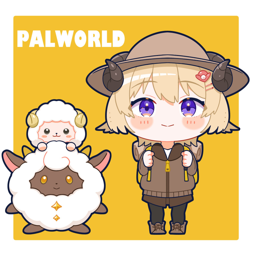 1girl absurdres blonde_hair blush_stickers border brown_footwear brown_headwear brown_jacket brown_pants chibi copyright_name crossover hair_ornament hairclip hat highres hiruno_isu hololive horns jacket lamball looking_at_viewer pal_(creature) palworld pants purple_eyes sheep sheep_girl sheep_horns shoes short_hair simple_background tsunomaki_watame white_border yellow_background