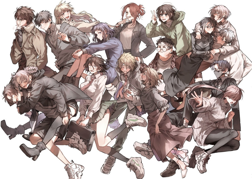 6+boys 6+girls :d :o absolutely_everyone akiyama_akihiko ankle_boots arm_around_neck arm_around_waist asai_akira azami_(yofukashi_no_uta) bag black_coat black_dress black_footwear black_hair black_jacket black_mask black_pantyhose black_shirt black_shorts black_skirt black_socks blonde_hair blunt_bangs blush boots braided_hair_rings briefcase brown_coat brown_hair candy cigarette closed_eyes coat collared_shirt covered_eyes crossed_arms drawstring dress earrings everyone fang food funa2001 glasses green_hoodie green_skirt grey_hoodie grey_sweater grin group_hug hair_bun hair_over_eyes hair_over_one_eye hand_on_another's_hip headband high_heel_boots high_heels highres hirata_niko holding holding_bag holding_candy holding_cigarette holding_food holding_lollipop honda_kabura hood hood_down hooded_coat hoodie hoshimi_kiku hug hug_from_behind jacket jewelry kikyou_seri kneehighs kohakobe_midori loafers lollipop long_hair long_skirt long_sleeves looking_ahead looking_at_another looking_to_the_side lovegreen_(yofukashi_no_uta) mask mouth_mask multiple_boys multiple_girls nanakusa_haru nanakusa_haruka nanakusa_nazuna_(yofukashi_no_uta) necktie open_clothes open_jacket open_mouth otoko_no_ko pantyhose pink_hair pleated_skirt ponytail red_hair red_necktie red_skirt ribbed_sweater school_bag school_briefcase school_uniform seki_mahiru shirt shoes short_hair shorts simple_background skirt smile smoke smoking sneakers socks stud_earrings susuki_(yofukashi_no_uta) suzushiro_hatsuka sweater turtleneck uguisu_anko v v_over_mouth white_background white_footwear white_hair white_headband white_shirt yamori_kou yellow_eyes yofukashi_no_uta