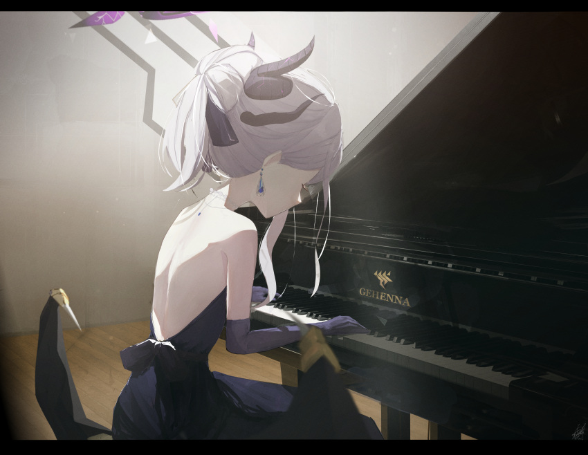 1girl absurdres back bare_shoulders blue_archive demon_horns demon_wings dress earrings grand_piano grey_hair hair_up halo highres hina_(blue_archive) hina_(dress)_(blue_archive) horns instrument jewelry kyatto-mikazu long_hair low_wings music piano playing_instrument playing_piano purple_dress sitting solo wings