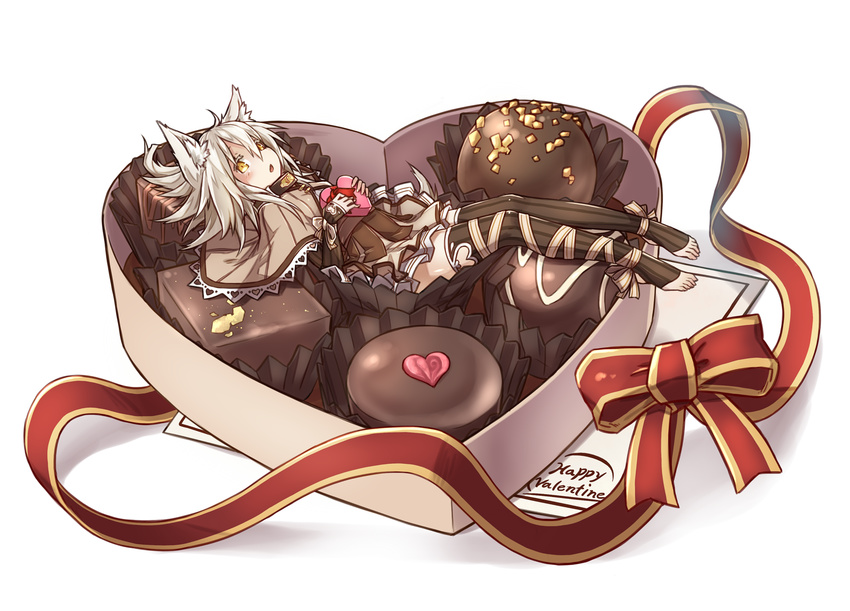 animal_ears box box_of_chocolates chestnut_mouth chocolate fang heart heart-shaped_box highres kazana_(sakuto) lying on_back original ribbon saku_(kazana) solo tail valentine white_hair wolf_ears wolf_tail