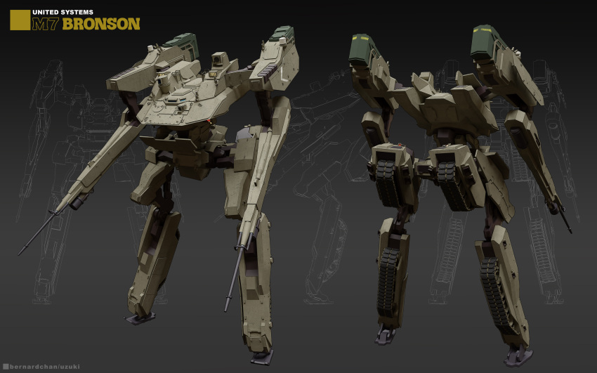 3d absurdres arm_cannon blender_(medium) cannon caterpillar_tracks character_name comparison english_commentary english_text highres mecha military military_vehicle multiple_views no_humans original photoshop_(medium) realistic robot science_fiction signature uzuki_(uzukinokaze) walker_(robot) weapon