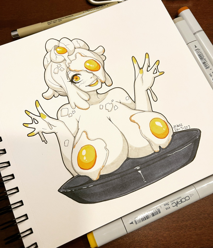 art_tools_in_frame breasts collarbone colored_skin commentary crevettavt dated egg eyelashes frying_pan highres huge_breasts one_eye_covered original photo_(medium) smile teeth traditional_media upper_teeth_only white_hair white_skin yellow_eyes