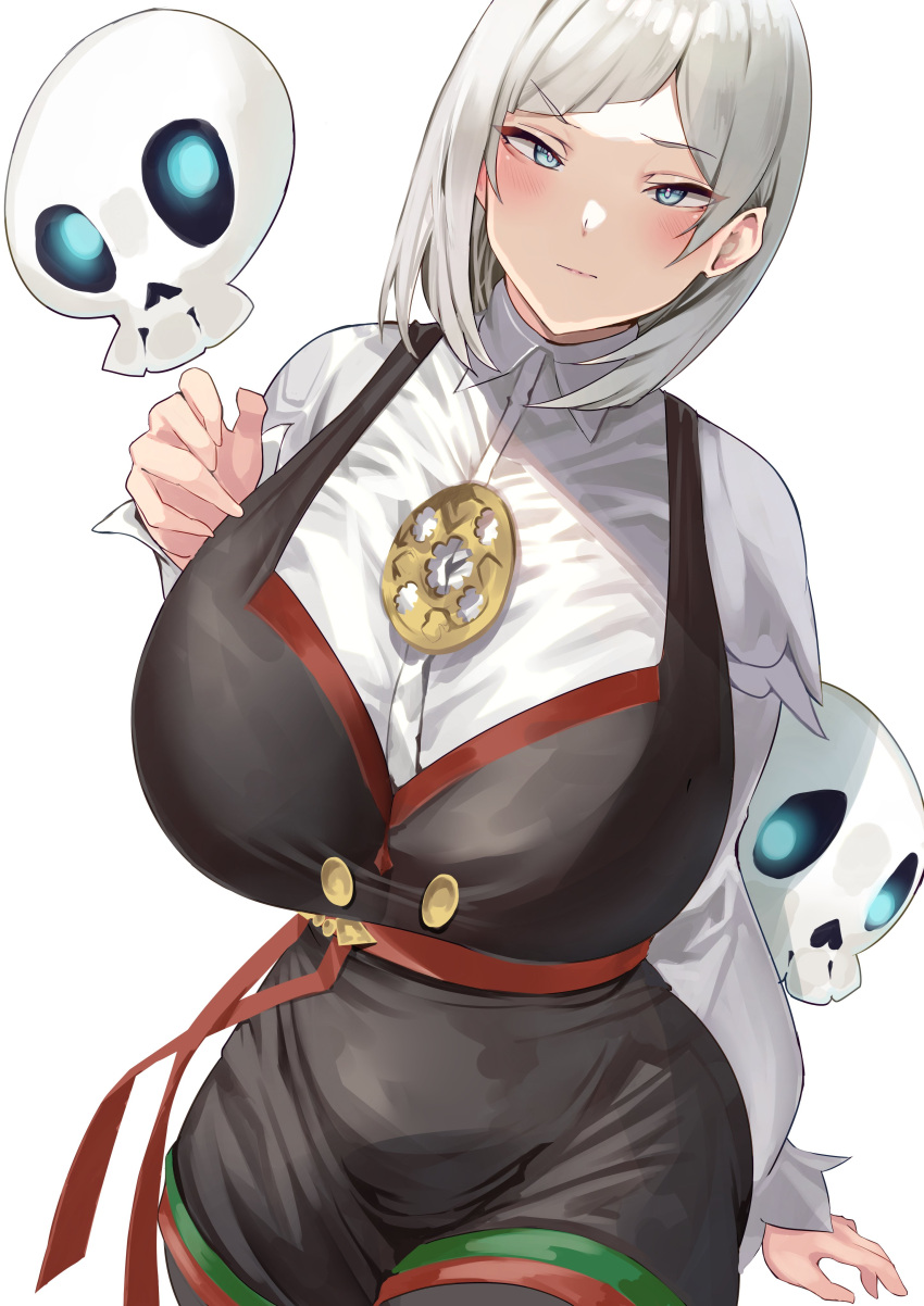 1girl absurdres akershus_fortress_(oshiro_project) black_dress blue_eyes blush breasts buttons closed_mouth collared_shirt dress floating_skull grey_hair hand_up highres huge_breasts long_sleeves looking_at_viewer namazu_(yamasonson) oshiro_project:re puffy_long_sleeves puffy_sleeves red_ribbon ribbon second-party_source shirt simple_background skull sleeveless sleeveless_dress solo swept_bangs white_background white_shirt