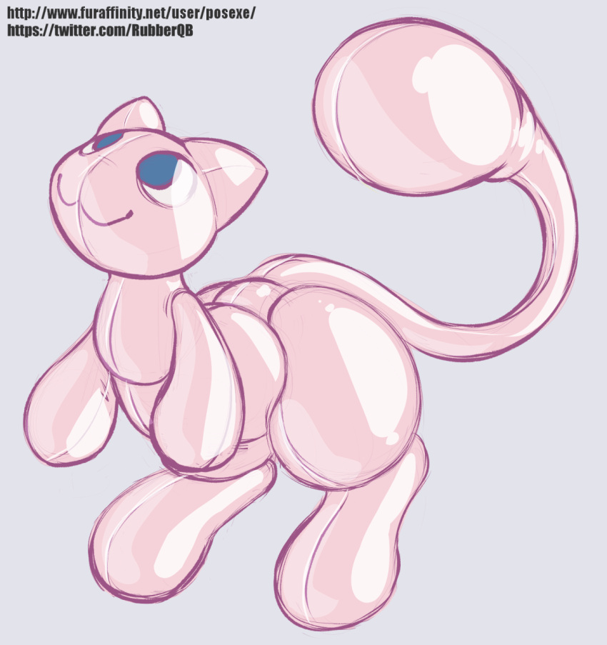 2021 ambiguous_gender anthro big_feet blue_eyes cat_smile feet generation_1_pokemon glistening hi_res inflatable leaning leaning_forward legendary_pokemon long_tail looking_up mew_(pokemon) nintendo pink_body pokemon pokemon_(species) posexe simple_background solo tail