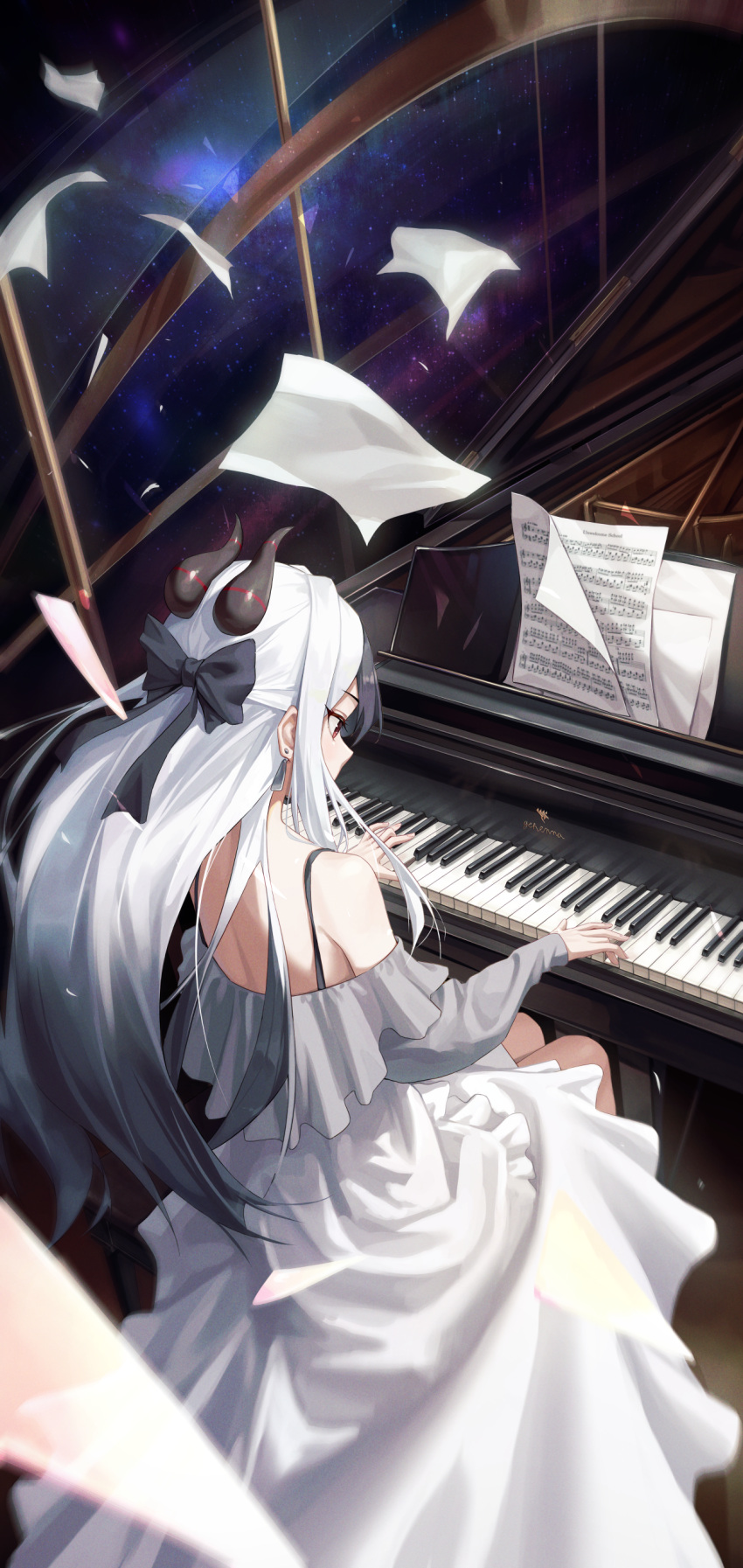 1girl absurdres black_horns blue_archive demon_horns dress grand_piano grey_hair highres horns instrument kayoko_(blue_archive) korean_commentary long_hair long_sleeves ly_7317 music piano piano_keys playing_instrument playing_piano red_eyes sheet_music solo white_dress