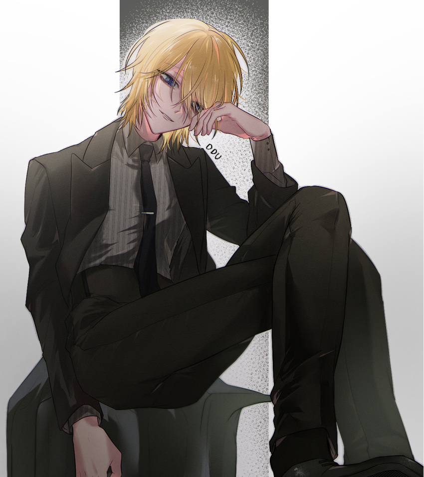 1boy black_footwear black_jacket black_necktie black_pants blonde_hair blue_eyes collared_shirt commentary_request crossed_legs dress_shirt grey_shirt hair_over_one_eye head_rest highres jacket kamiki_hikaru korean_commentary long_sleeves looking_at_viewer male_focus necktie open_clothes open_jacket oshi_no_ko pants parted_lips shirt short_hair solo star-shaped_pupils star_(symbol) striped_clothes striped_shirt symbol-shaped_pupils tie_clip vertical-striped_clothes vertical-striped_shirt white_background yubto_45