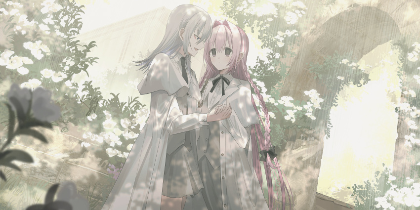 2girls :d absurdres black_bow black_necktie black_ribbon blue_eyes bow braid chihuri collared_shirt commentary_request day dress_shirt ende_(chihuri) flower grey_hair grey_skirt grey_vest hair_bow hair_intakes highres holding_hands jacket long_hair long_sleeves multiple_girls nea_(chihuri) neck_ribbon necktie open_clothes open_jacket original outdoors pink_hair puffy_long_sleeves puffy_sleeves purple_eyes ribbon shirt skirt smile twin_braids very_long_hair vest white_flower white_jacket white_shirt