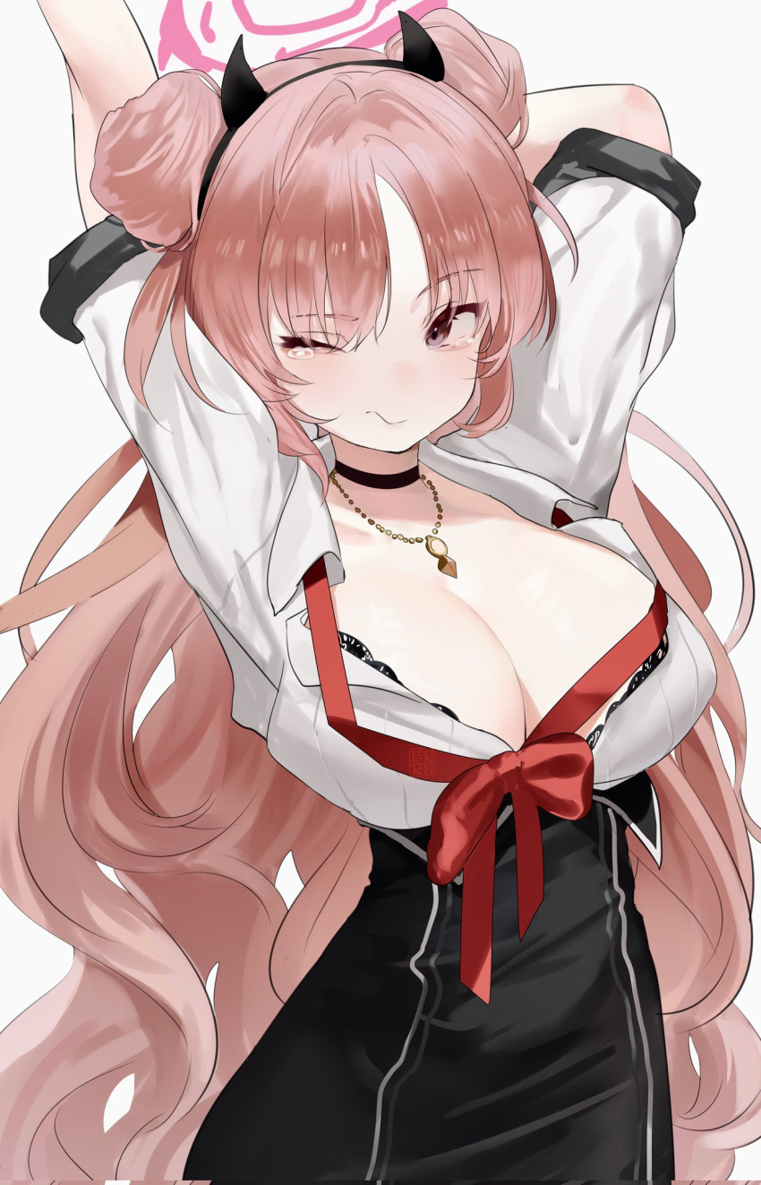 1girl black_choker black_horns blue_archive blush bra breasts choker cleavage closed_mouth collared_shirt double_bun fake_horns hair_bun halo headband highres horns jewelry kirara_(blue_archive) large_breasts long_hair necklace one_eye_closed open_clothes open_shirt pink_eyes pink_hair pink_halo shirt short_sleeves solo stretching tearing_up underwear very_long_hair yougashi