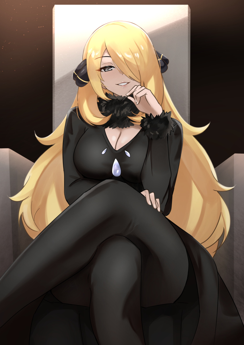 1girl alternate_breast_size black_coat black_pants blonde_hair breasts cleavage coat crossed_legs cynthia_(pokemon) fur-trimmed_coat fur_trim grey_eyes grin hair_over_one_eye highres large_breasts lips long_hair looking_at_viewer pants parted_lips pokemon pokemon_dppt sitting smile solo teeth throne very_long_hair zet_(twt_zet)