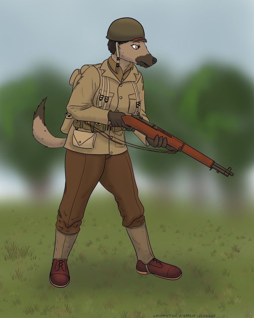 2024 4:5 absurd_res anthro armor backpack black_hair blurred_background brown_body brown_clothing brown_eyes brown_fur clothing colored dipstick_muzzle dipstick_tail female fur gun hair headgear helmet hi_res hyena leggings legwear m1_garand mammal markings military military_uniform olive_drab panzerschreckleopard ranged_weapon rifle soldier solo spotted_hyena tail tail_markings tan_body tan_fur uniform warrior weapon world_war_2