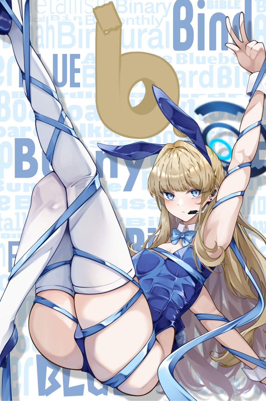 1girl absurdres animal_ears blonde_hair blue_archive blue_bow blue_eyes blue_footwear blue_leotard blue_ribbon blush bow breasts detached_collar earpiece earrings english_text entangled fake_animal_ears hanahashi_bagara highres jewelry leotard long_hair open_mouth rabbit_ears rabbit_tail ribbon skindentation small_breasts solo tail text_background thighhighs toki_(blue_archive) toki_(bunny)_(blue_archive) v very_long_hair white_thighhighs wrist_cuffs