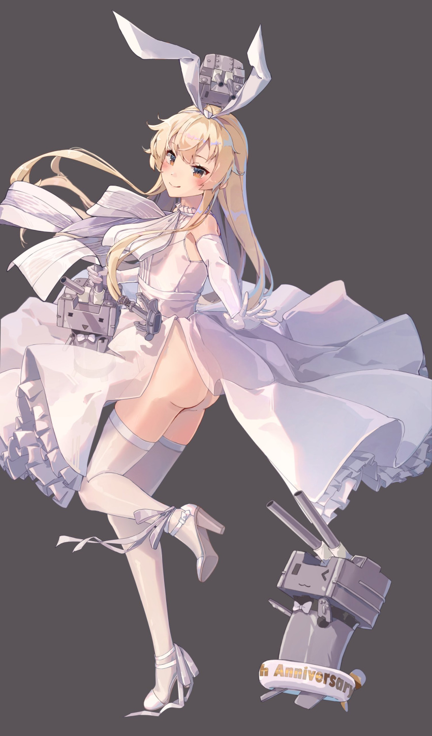 1girl absurdres anchor_hair_ornament ass blonde_hair brown_eyes dress elbow_gloves full_body gloves grey_background hair_ornament hairband high_heels highres himeyamato kantai_collection long_hair looking_at_viewer no_panties open_mouth outstretched_arms shimakaze_(kancolle) solo thighhighs wedding_dress white_dress white_gloves