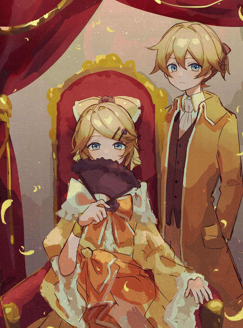 1boy 1girl aku_no_meshitsukai_(vocaloid) aku_no_musume_(vocaloid) allen_avadonia arms_behind_back ascot blonde_hair blue_eyes bow bracelet brother_and_sister collared_jacket collared_shirt covering_own_mouth dress dress_bow dress_ribbon evillious_nendaiki expressionless falling_petals frilled_dress frilled_sleeves frills hair_between_eyes hair_bow hair_ornament hair_ribbon hairclip hand_fan high_ponytail highres holding holding_fan jacket jewelry kagamine_len kagamine_rin long_sleeves looking_at_viewer off-shoulder_dress off_shoulder orange_bow orange_ribbon petals princess red_curtains ribbon riliane_lucifen_d'autriche sazanami_(ripple1996) shirt short_ponytail siblings sideways_glance sitting standing swept_bangs throne twins updo vocaloid white_ascot white_shirt wide_sleeves yellow_bow yellow_dress yellow_jacket