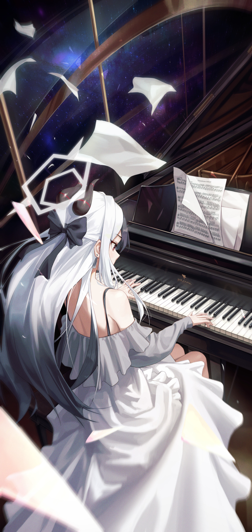 1girl absurdres black_horns blue_archive demon_horns dress grand_piano grey_hair grey_halo halo highres horns instrument kayoko_(blue_archive) korean_commentary long_hair long_sleeves ly_7317 music piano piano_keys playing_instrument playing_piano red_eyes revision sheet_music solo white_dress