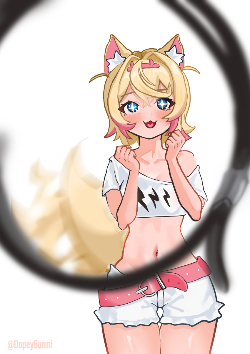 +_+ 1girl absurdres afterimage animal_ear_fluff animal_ears artist_name belt blonde_hair blue_eyes blush breasts collar commentary cowboy_shot crop_top crossed_bangs dog_ears dog_girl dog_tail dopeybunni double-parted_bangs english_commentary fake_horns hair_intakes hairband hands_up highres hip_bones hololive hololive_english horns looking_at_viewer mococo_abyssgard mococo_abyssgard_(1st_costume) motion_blur multicolored_hair open_mouth pink_belt pink_hair pink_hairband shirt short_hair short_shorts short_sleeves shorts simple_background single_bare_shoulder single_off_shoulder small_breasts smile solo standing streaked_hair tail tail_wagging thighs two_side_up unworn_collar virtual_youtuber white_background white_shirt white_shorts